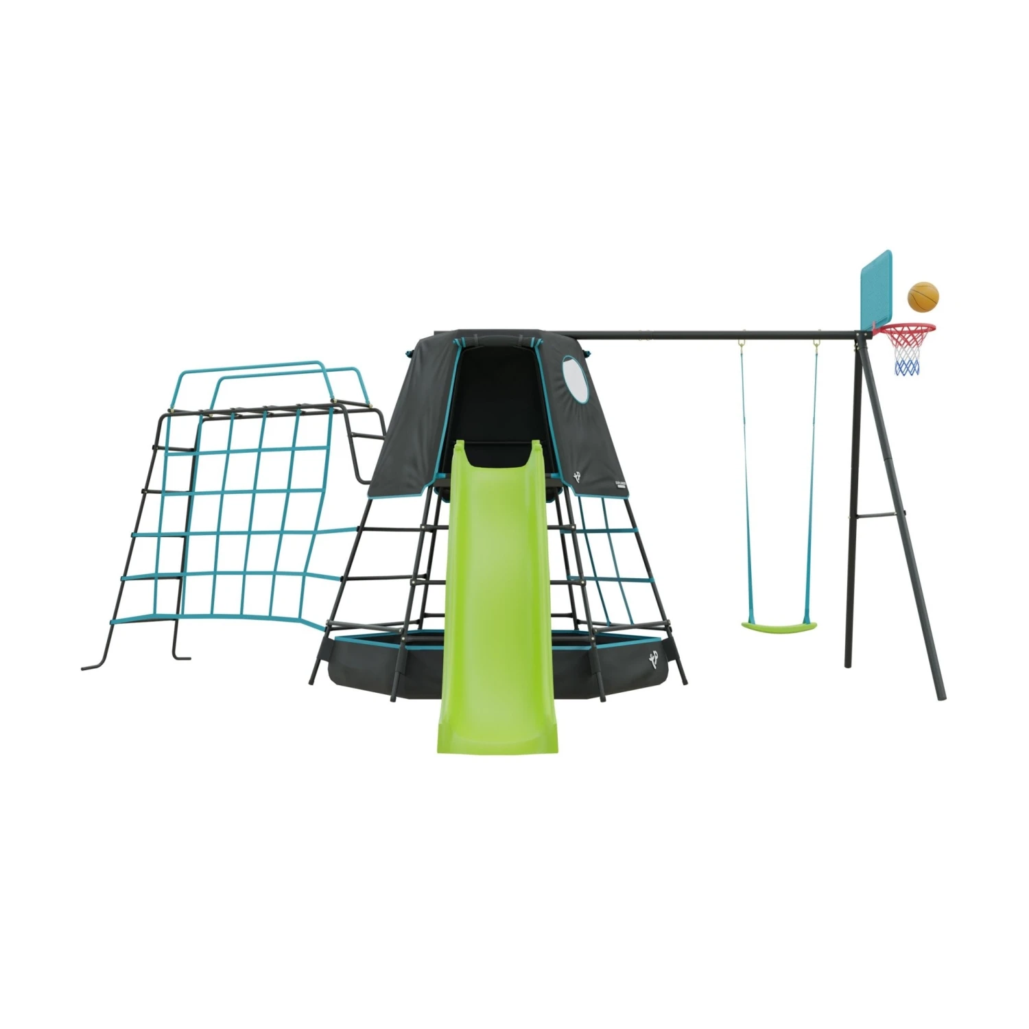 Explorer Metal Climbing Frame Black Edition, CrazyWavy Slide, Swing Arm, Monkey Bridge & Basketball Hoop 1 Explorer Metal Climbing Frame Black Edition, CrazyWavy Slide, Swing Arm, Monkey Bridge & Basketball Hoop