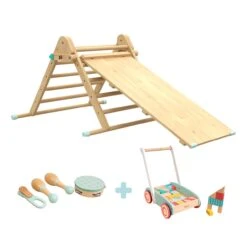 The Imagination Play Pack: TP Active-Tots Pikler Style Wooden Climbing Triangle & Slide With Owl & Fox Baby Walker And Owl & Fox Musical Instrument Assortment