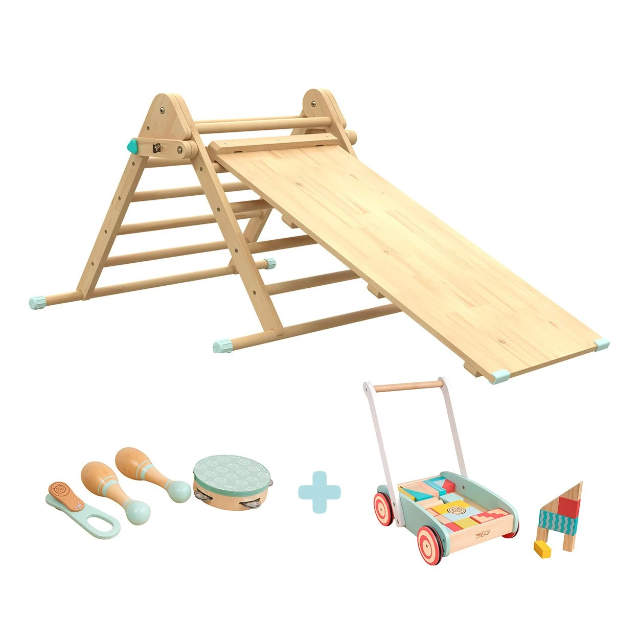 The Imagination Play Pack: TP Active-Tots Pikler Style Wooden Climbing Triangle & Slide With Owl & Fox Baby Walker And Owl & Fox Musical Instrument Assortment 1 The Imagination Play Pack: TP Active-Tots Pikler Style Wooden Climbing Triangle & Slide With Owl & Fox Baby Walker And Owl & Fox Musical Instrument Assortment